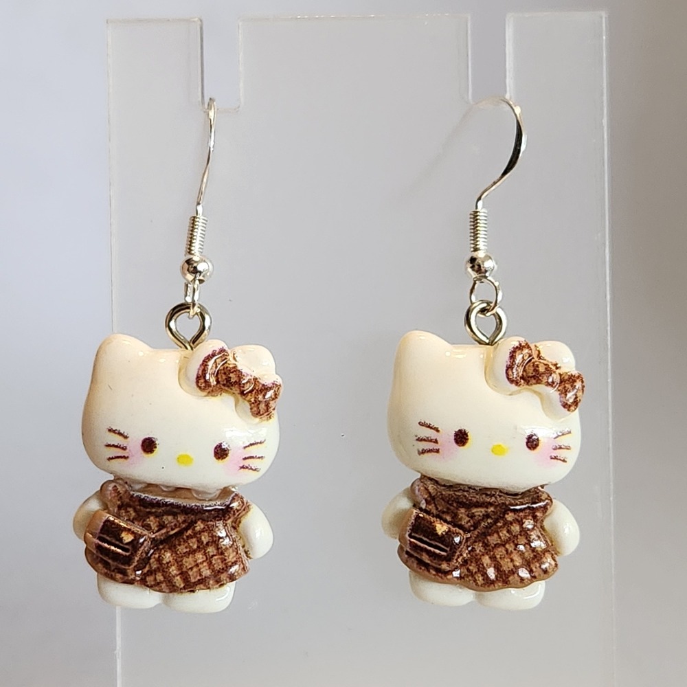 Hello Kitty Brown Plaid Outfit Drop Earrings Character Jewelry NEW 1.75"